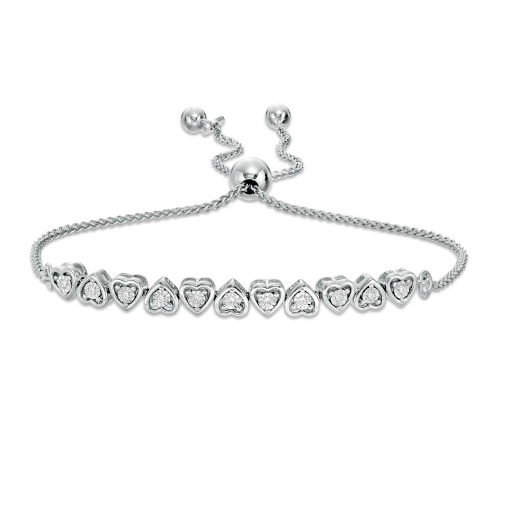 0.09 CT. Diamond Alternating Heart Bolo Bracelet in Sterling Silver